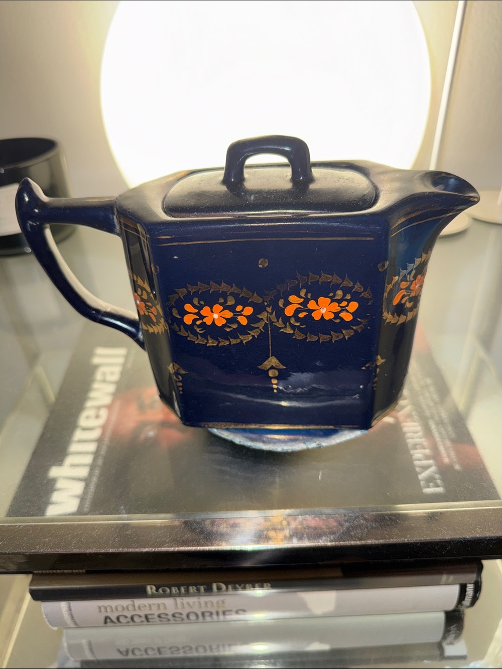 Antique English Blue Cream Pitcher w/ hand painted Orange Floral Accents